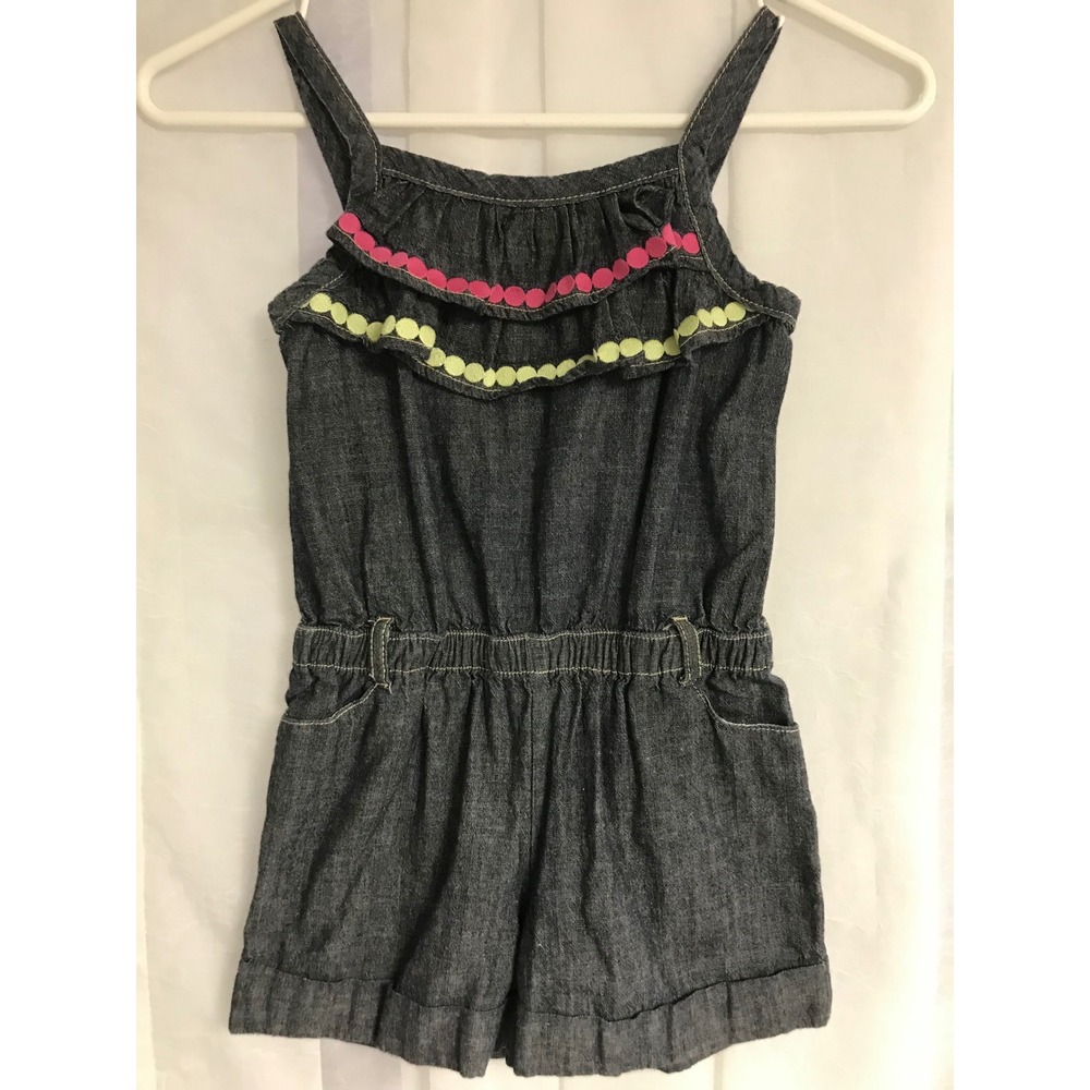 Gymboree Girls Dark Wash Denim Romper Size 6 Ruffle Polka Dot Cotton One-Piece